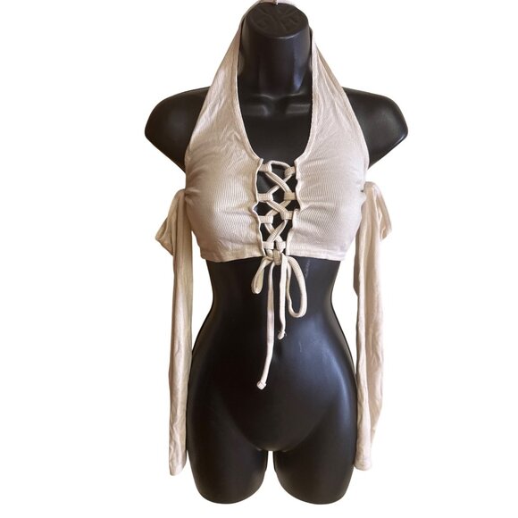Pretty Little Thing Cream Ribbed Lace-Up Cold Shoulder Crop Top Size S - Picture 1 of 7